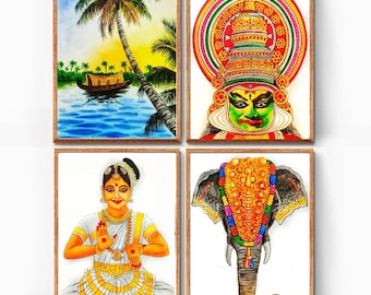 Kerala Watercolor Painting, South Indian Wall Art, Kathakali, Mohiniyattam, Backwaters, Kerala Elephant Nettipattam