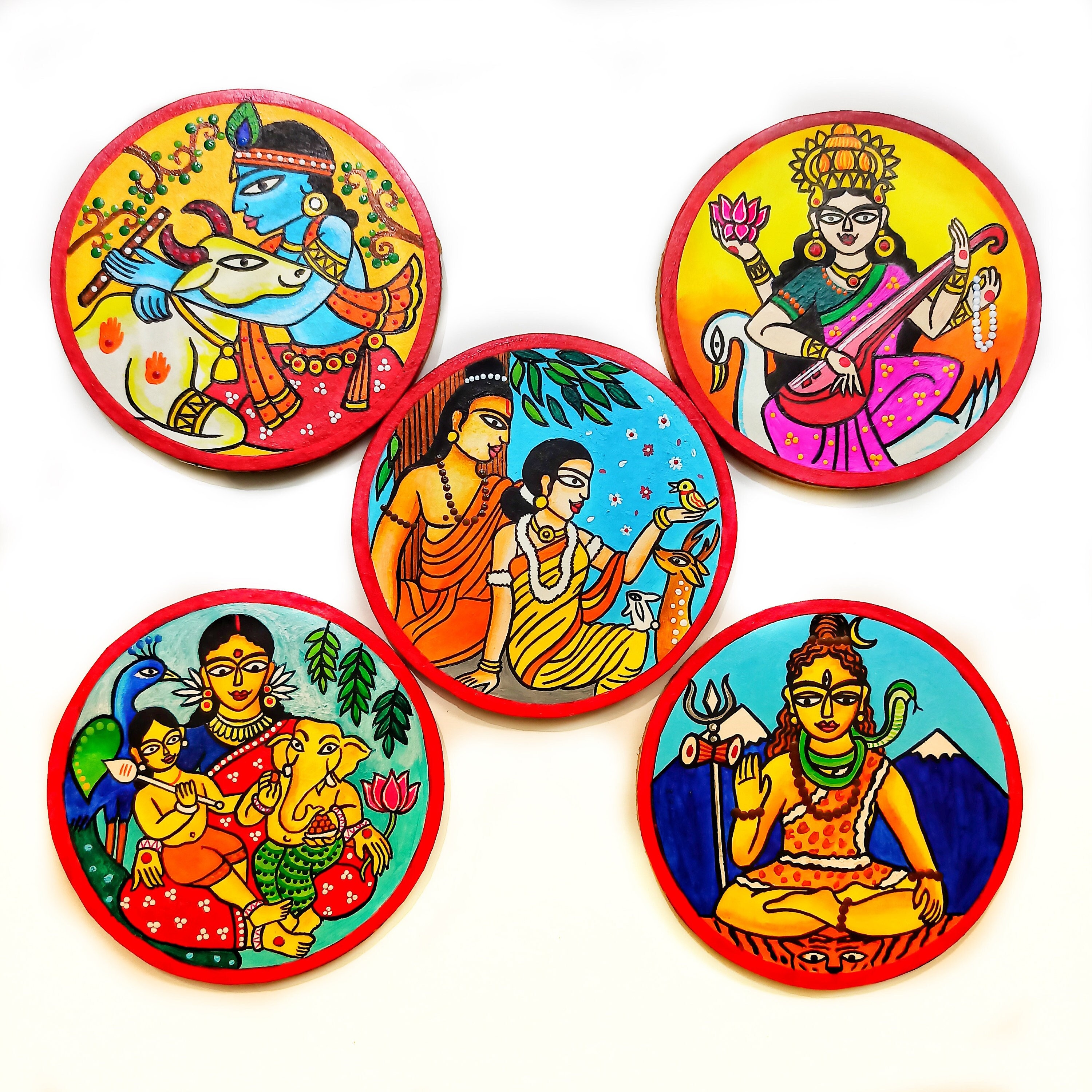 Handmade Madhubani Coasters: Indian Folk Art Wall Plates, Set of 5 Handpainted Coasters