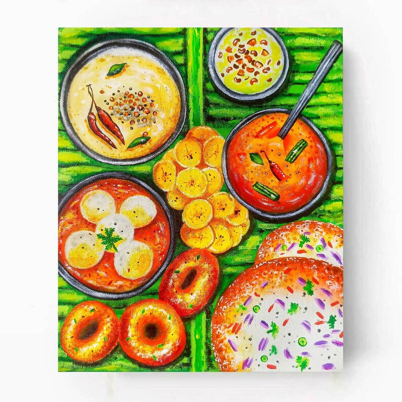South Indian Food Art, Tamil Painting, Canvas Acrylic Painting, Kerala