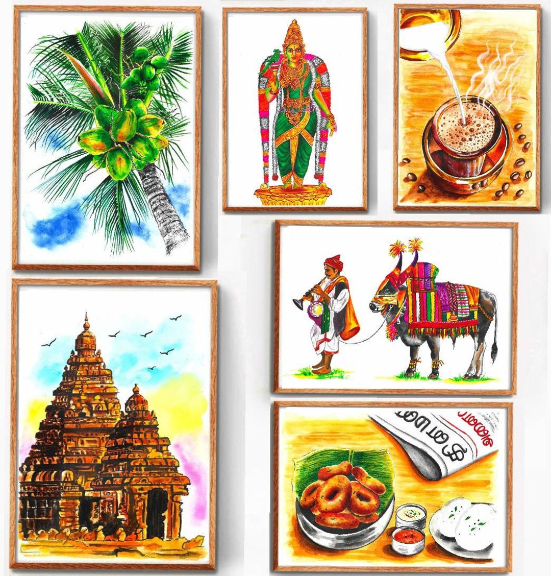 Tamil Nadu Watercolor Painting, Tamil Wall Art, Tamil Home Decor, South