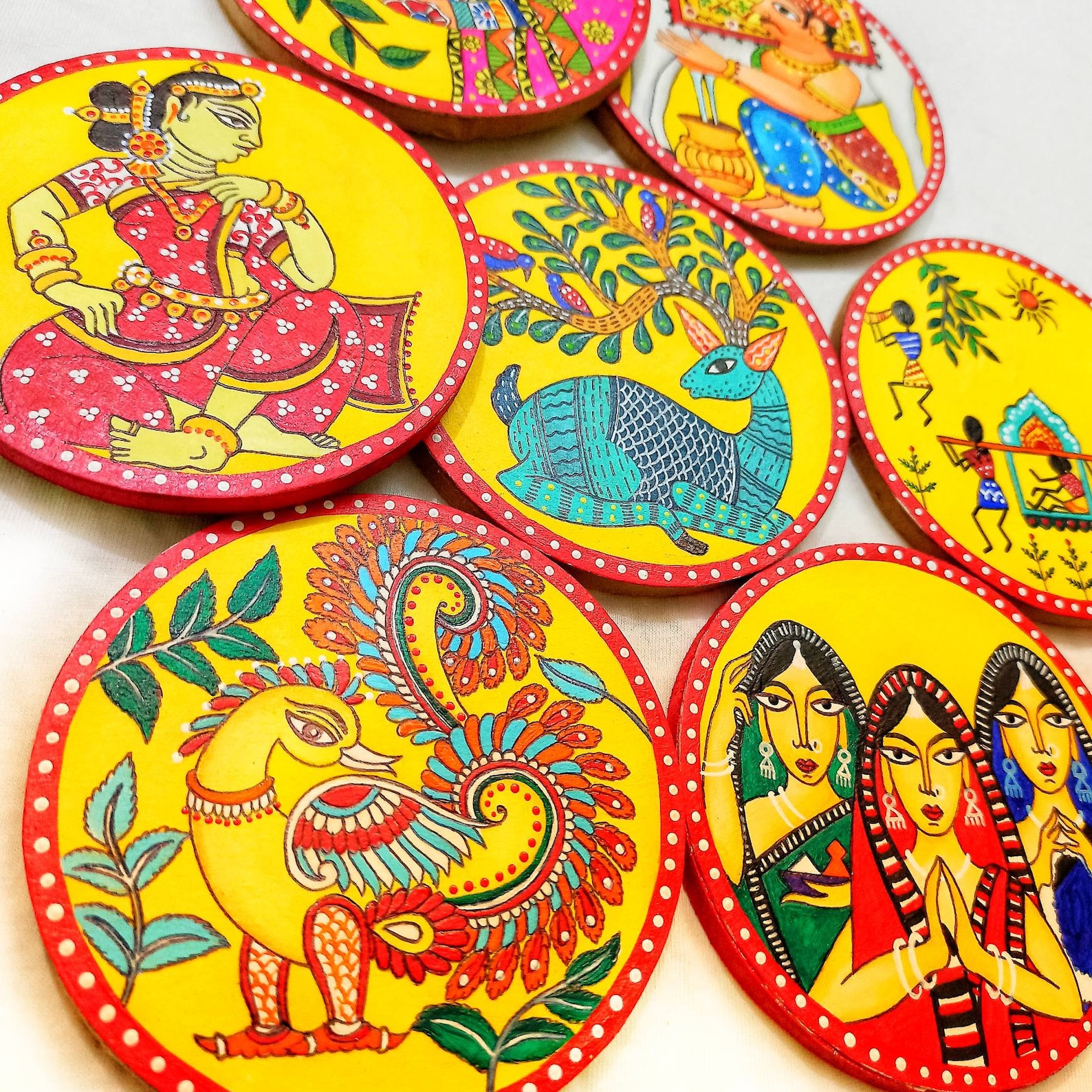 Indian Folk Art Wall Plates, Hand Painted Coasters, Set of 8, Madhubani ...