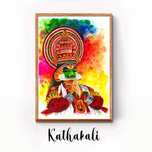 K&ouml;nnte beinhalten: Ein Aquarellbild eines Kathakali-T&auml;nzers in einem farbenfrohen Kost&uuml;m und einem aufwendigen Kopfschmuck. Der Hintergrund ist ein lebendiges Gemisch aus Rot, Gelb, Gr&uuml;n und Blau.