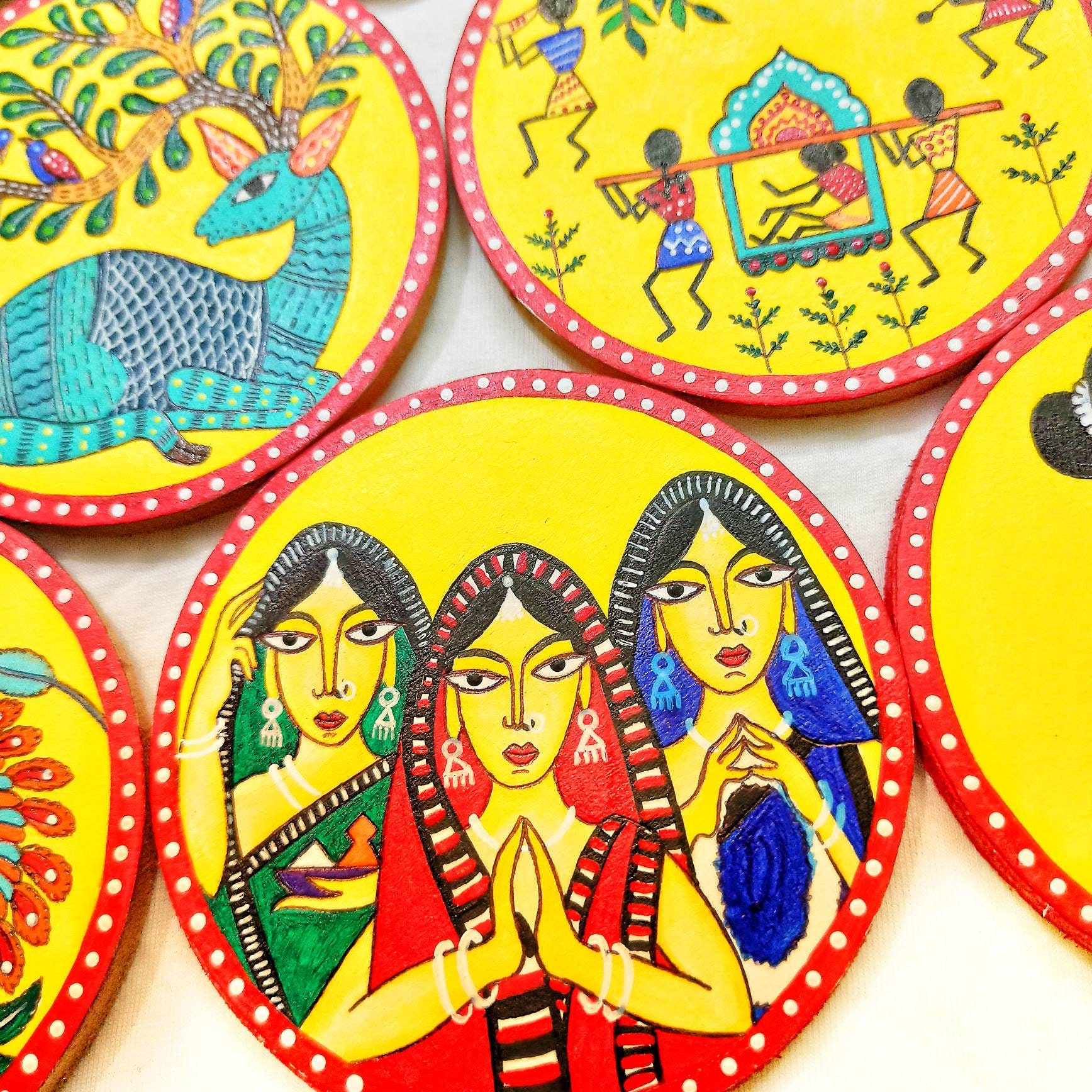 Indian Folk Art Wall Plates, Hand Painted Coasters, Set of 8, Madhubani ...