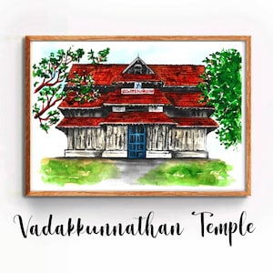K&ouml;nnte beinhalten: Ein Aquarellbild eines traditionellen Hindu-Tempels in Kerala, Indien. Der Tempel hat ein rotes Ziegeldach und eine wei&szlig;e Fassade mit aufwendigen Details. Der Tempel ist von &uuml;ppigem Gr&uuml;n umgeben.