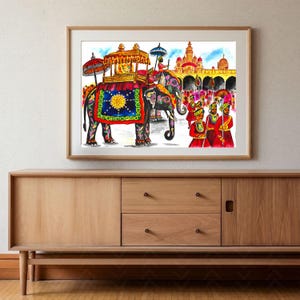 May include: Watercolor painting of an Indian elephant procession. The elephants are adorned with colorful blankets and carry riders under ornate canopies. The background features a palace and figures in red attire.