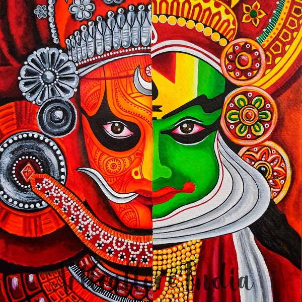 Kathakali schilderij, Theyyam schilderij, Zuid-Indiase kunst, Onam Decor, Kerala Art, Malayalam Wall Art, Originele Acryl schilderij, Indiase kunst