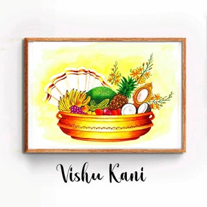 K&ouml;nnte beinhalten: Ein Aquarellbild eines traditionellen Vishu Kani, einem zeremoniellen Opfergaben aus Fr&uuml;chten, Gem&uuml;se und anderen gl&uuml;cksbringenden Gegenst&auml;nden. Der Kani ist in einer goldenen Schale angeordnet und enth&auml;lt Bananen, Ananas, Kokosn&uuml;sse, eine Jackfrucht und einen kleinen Spiegel. Der Hintergrund ist hellgelb mit einigen gelben Blumen.