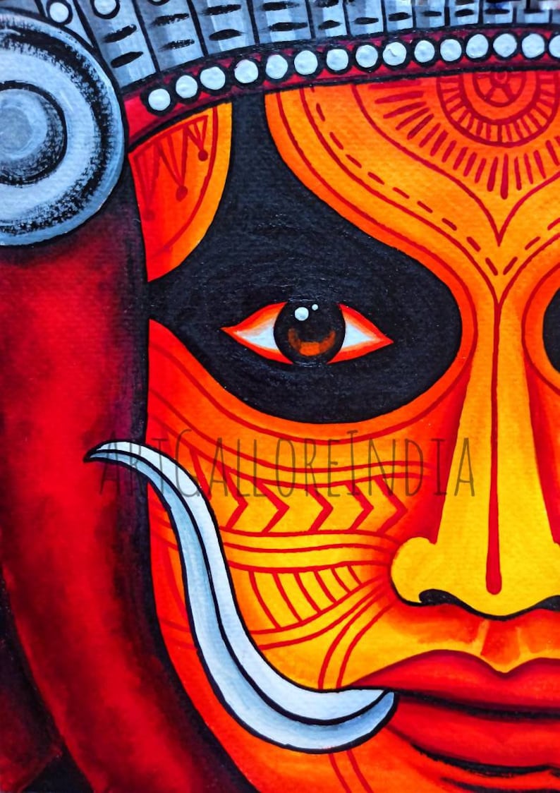 Kathakali Theyyam Painting, South Indian Painting, Malayalam Wall Decor