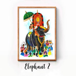 K&ouml;nnte beinhalten: Ein Aquarellbild eines Elefanten, der mit bunten Girlanden und einem gr&uuml;nen Regenschirm geschm&uuml;ckt ist. Der Elefant ist von einer Menschenmenge in bunten Kleidern umgeben. Das Bild ist in einem Holzrahmen gerahmt.