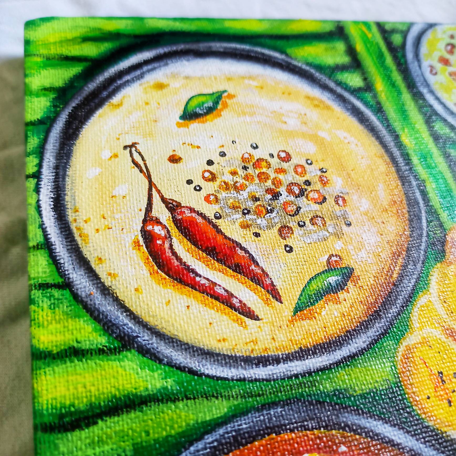 South Indian Food Art, Tamil Painting, Canvas Acrylic Painting, Kerala Food Painting, Onam