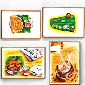South Indian Food Art, Tamil Watercolor Painting, Kerala Food Painting, Dosa Art,Idli Vada Art, Filter Coffee, Kannada Art, INSTANT DOWNLOAD