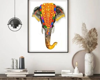 Kerala Elefant Malerei Nettipattam Wanddekor, Thrissur Pooram Elefant Aquarell, Südindisches Kulturelles Kunstwerk