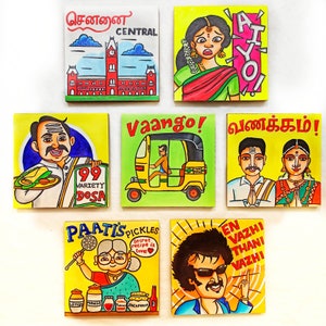 Porta-copos engraçados Tamil Nadu, arte de parede tamil, decoração de casa tamil, decoração de parede do sul da Índia, conjunto de pintura tamil, conjunto de porta-copos decorativos feitos à mão