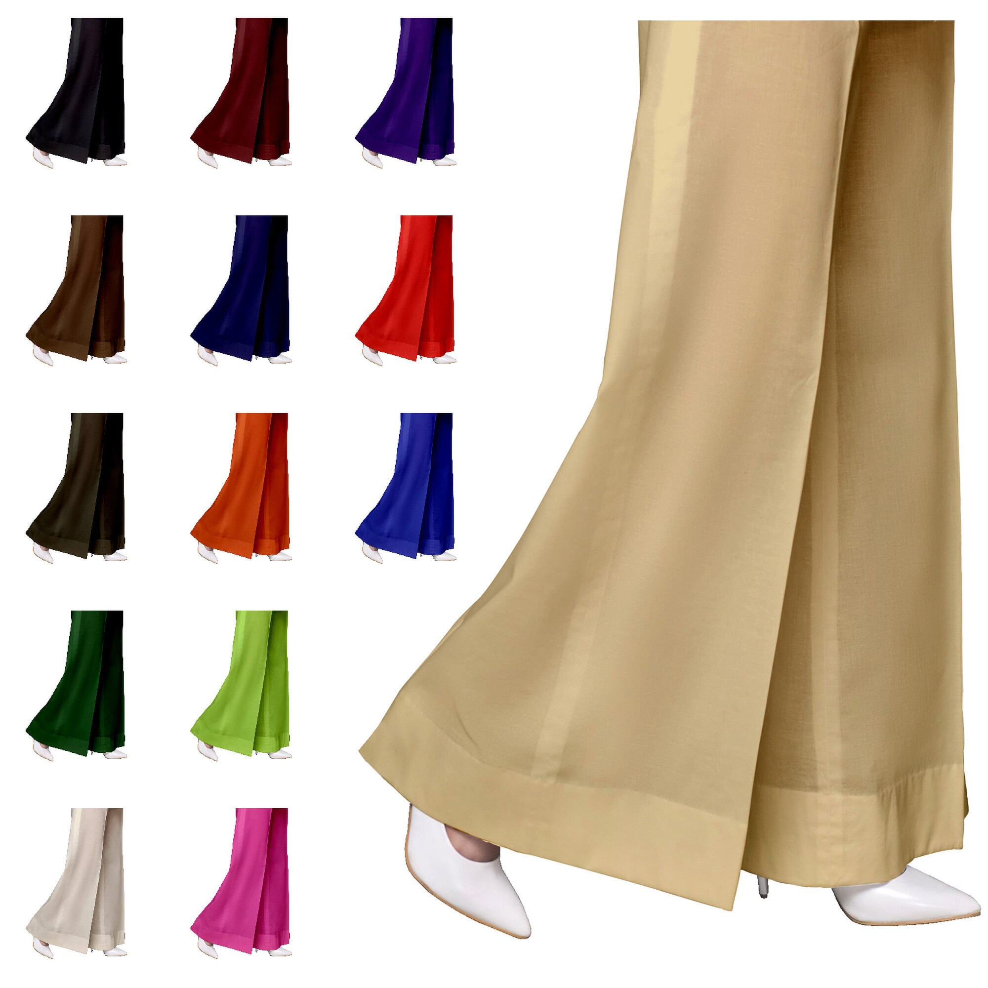 Image of New  Women Ladies Palazzo Plain Flared Wide Leg Pants Cotton Baggy Trousers/Pakistan - Bbs