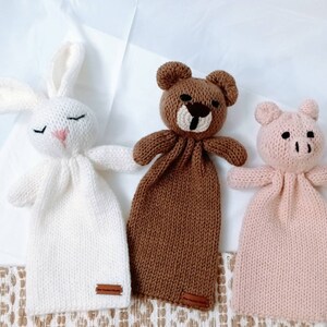 Knit Animal Lovey, Baby Security Toy, Plush Rattles, Amigurumi Comfort Dolls