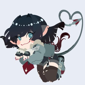 Può includere: Due personaggi dei cartoni animati, uno con una coda pelosa bianca e grigia e l'altro con una coda a forma di cuore, sono disegnati in stile chibi. Il personaggio con la coda pelosa indossa un abito nero e blu con un distintivo che dice "NPS". Il personaggio con la coda a forma di cuore indossa una giacca grigia con colletto bianco e pantaloni neri.