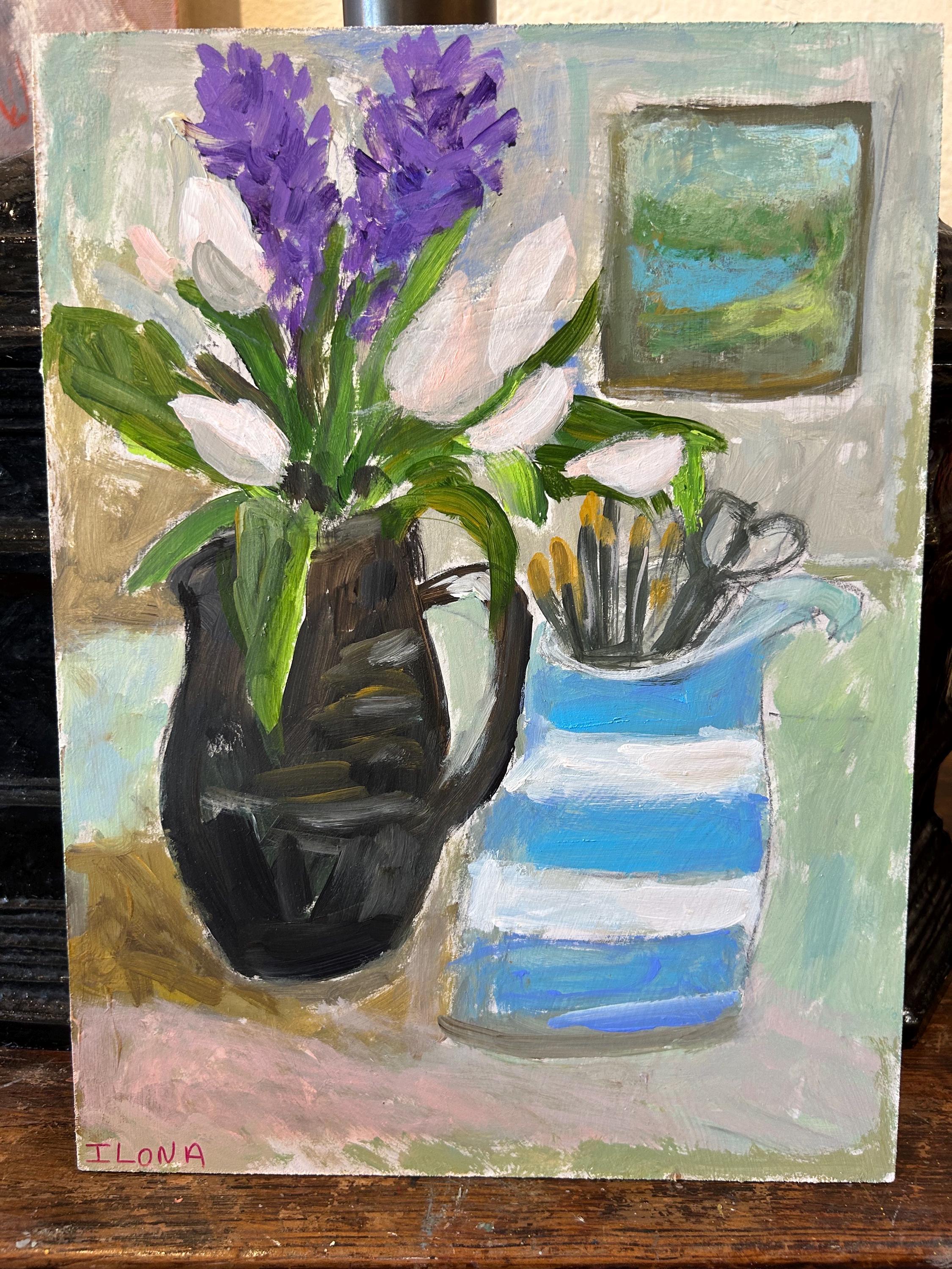 月曜日の花瓶のチューリップ。12x9インチの印象派風の油絵