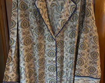 M&M ペイズリー クリーム ブルー ブラウス パイピング 襟と袖口 サイズ XXL