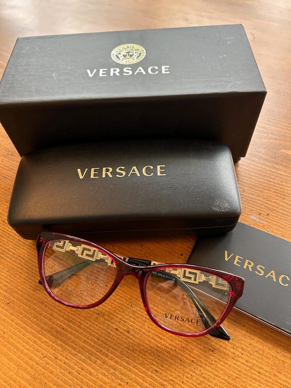 Versace Eyeglasses Wine Frame With Elegant Gold Accents 
