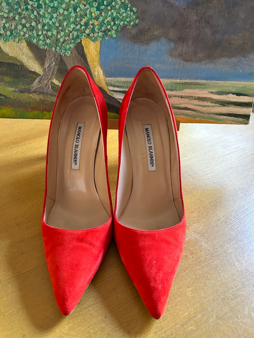 MANOLO BLAHNIK マノロブラニク パンプス スエード 24.5 マノロ ブラニク イタリア製 赤/オレンジ スエードヒール 4 インチ