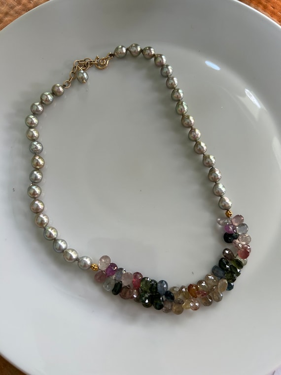 Pearl & gemstone necklace 8” drop