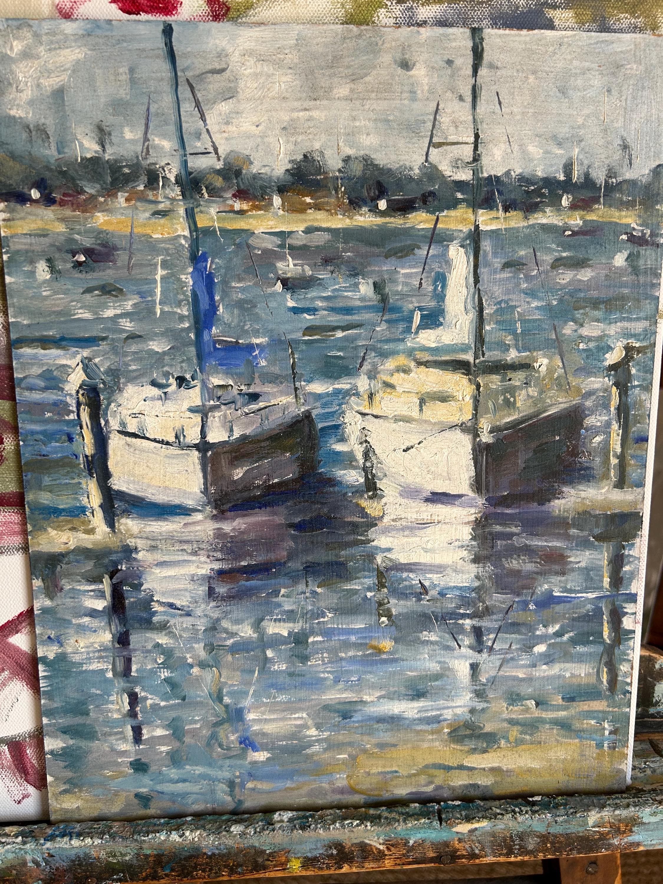 帆船の油絵、14 x 11 インチ、船上に飾られ、額装可能な