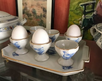 Vintage Dutch egg cup tray Geese  Holland Blue motif
