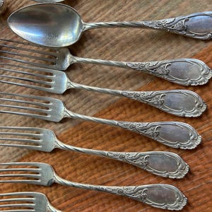 Puede incluir: Primer plano de cubiertos antiguos, que incluyen cucharas y tenedores. Los utensilios de plata tienen diseños florales ornamentados en los mangos y detalles decorativos en los cuencos de las cucharas y las púas de los tenedores. La cubertería está dispuesta sobre una superficie marrón texturizada.