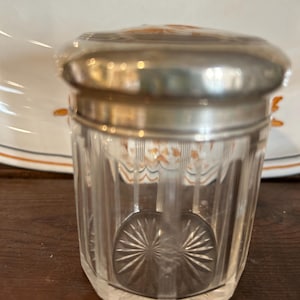 Glass jar vintage Edwardian Art Deco silver lid wreath embossed 3” tall