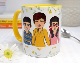 Cute Mum and Children Personalised Cartoons Mug - Mother's Day Gift for Grandma or Mum - Customised Caricature Floral Coffee Cup for Nan