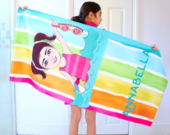 Personalised Cartoon Rainbow Beach Bath Towel for Children - Home Gift for Girls and Boys - Kids Swimming Accessory - Customised Bath Towel