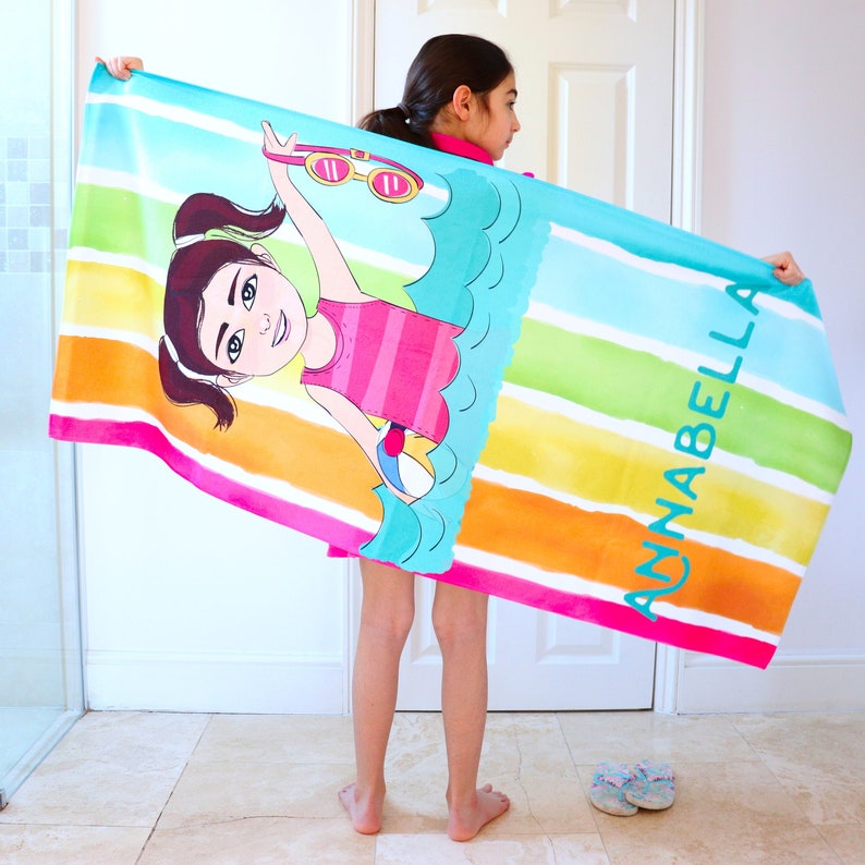 Personalised Cartoon Rainbow Beach Bath Towel for Children Home Gift for Girls and Boys Kids Swimming Accessory Customised Bath Towel image 1