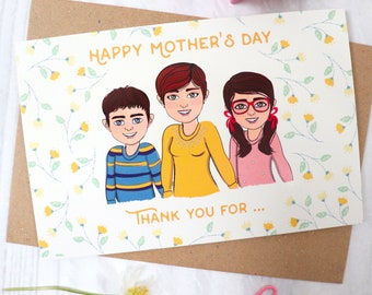Mother's Day Card with Personalised Characters - Mum and Children Customised Cartoon Card - Floral Grandma Birthday Card - Custom Text Card