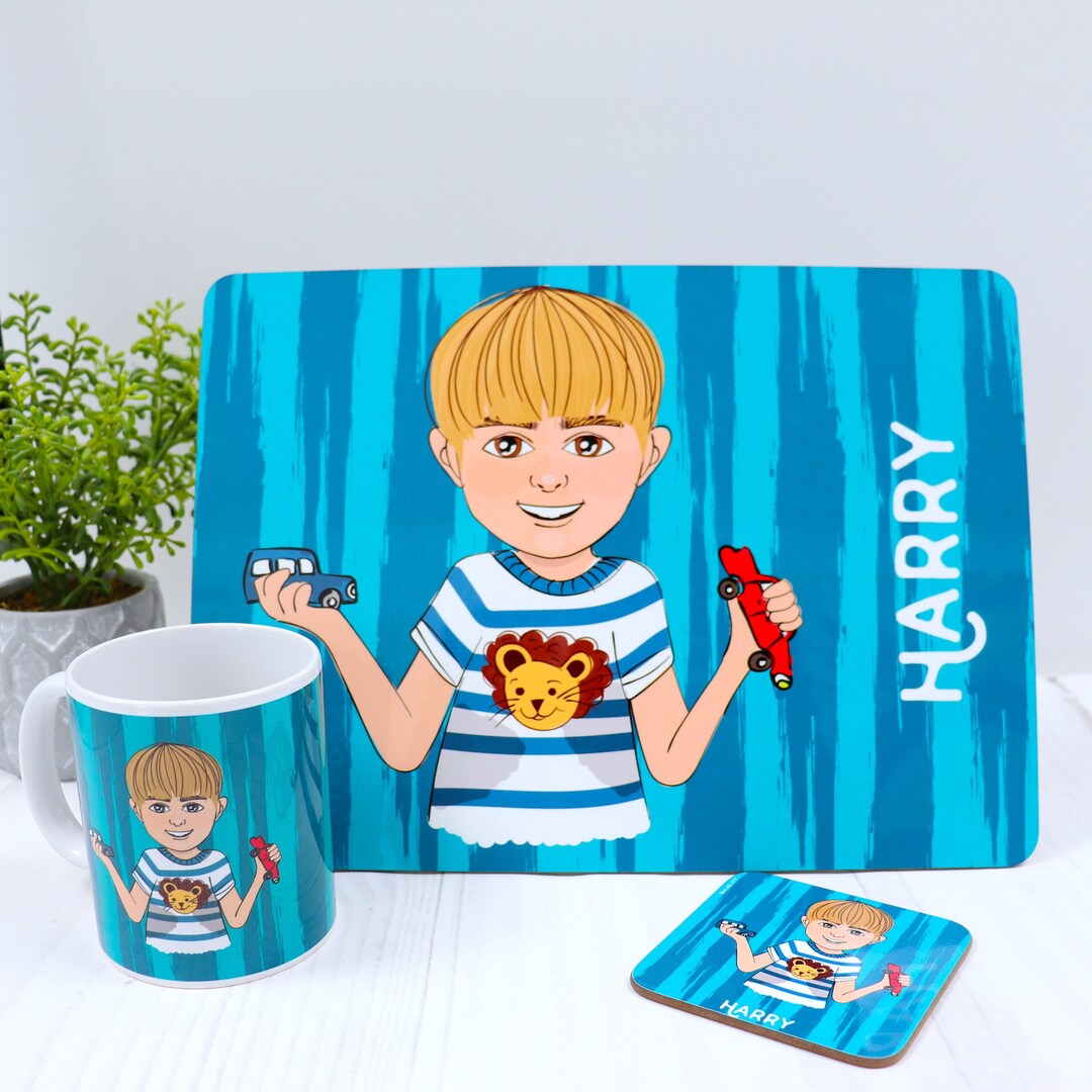 Customised Hardboard Placemat for Kids Single or With Coaster and Mug