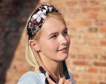 Turban hippie headband Tassel black floral boho headband with paillettes and beads Bandana headband Headband for every occasion Gift for her