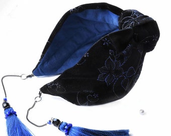 Banda de terciopelo azul marino con nudodecorado decorado con impresionantes tasels anchas banda ancha adornado diadema mamá regalo regalos para su diadema Bandana