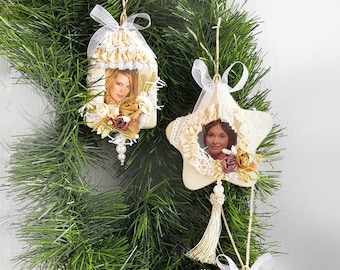 Personalized Christmas photo frame set of 3. Ivory Christmas tree ornament. Shabby Chic photo Frame. Lodge decor,  Small frame