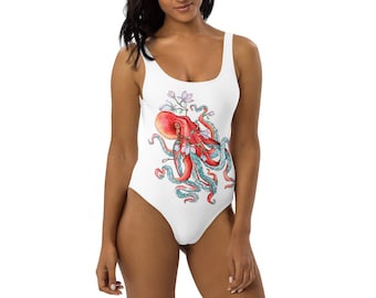 One piece white swimsuit with octopus art. White bathing suit. One-piece swimsuit