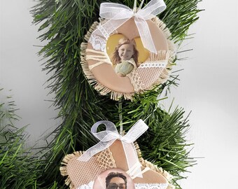 Personalized Christmas photo frame set of 2. Fabric Christmas tree ornament. Photo ornament. Christmas  Decor. Family gift
