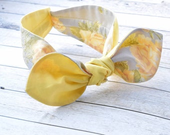 Yellow floral Rockabilly organic cotton headband, hair tie, 50's bandana, pin-up headband
