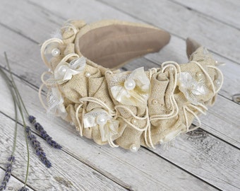 Lino Boho-estilo diadema decorada con satén, perla falsa y cordón de algodón decorativo, diadema boho, regalos para ella, regalo de cumpleaños