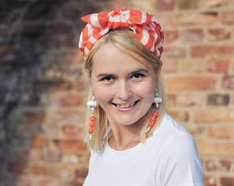 Coral red striped Boho headband with matching earrings. Wide headband. African headband. Perfect gift for any occasion. Gift for her