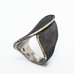 Puede incluir: Un anillo de plata único con un diseño en forma de hoja gris oscuro. El anillo presenta un borde dorado y pequeñas piedras preciosas rojas. Una pieza de joyería llamativa.