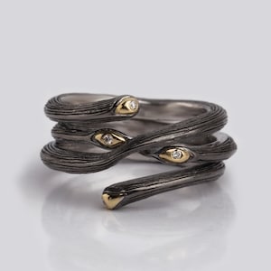 Wrap Around Designer Ring | Silver Gold and Diamonds | Dystopian Futuristic Jewelry | Contemporary Band | Avant Garde Cocktail Ring Gift