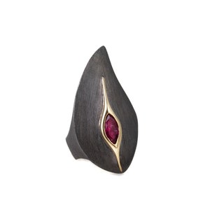 Op de afbeelding: Een zwarte en gouden ring met een rode edelsteen in het midden. De ring is druppelvormig.