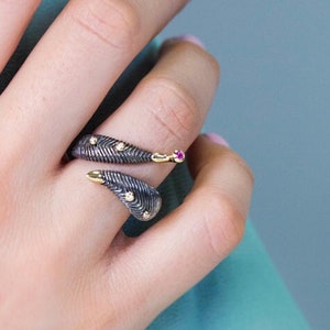 Organic Statement Ring • 14k Gold & Silver - Diamonds Adorned Textured Band • Sculptural Ring • Contemporary Jewelry • Modern open Ring Gift