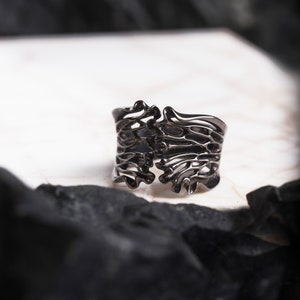 Black Rhodium Ring | Modern Art Sculptural Organic Jewelry | Sterling Silver Band | SMOKE Irregular Line KRIK Designer | Open Band Ring Gift