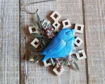Adorno de pájaro azul hecho a mano, adorno de pájaro cantor (5,7 x 2,5 cm)