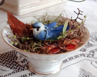 Nido de taza de té Lefton Bluebird: decoración vintage de taza de té de porcelana