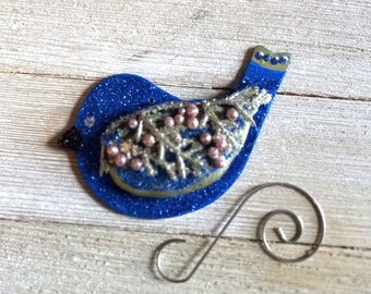 Adorno navideño de pájaro azul, decoración navideña brillante